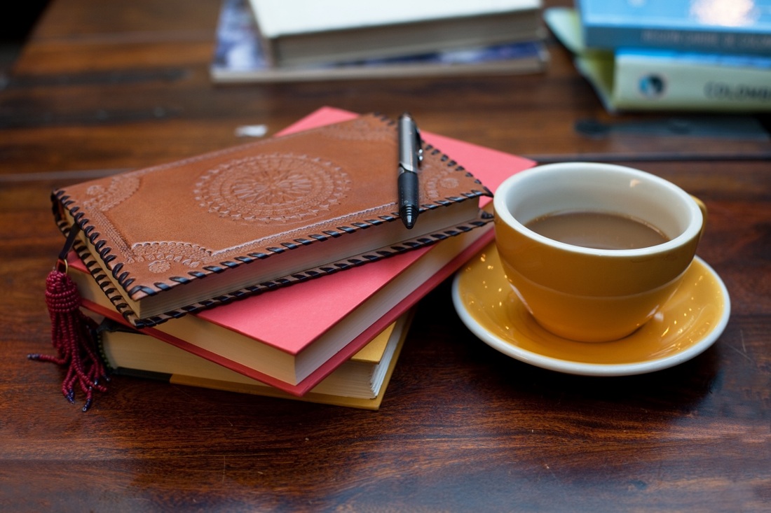 Two books with a pen on top on a wooden table next to a cup of coffee